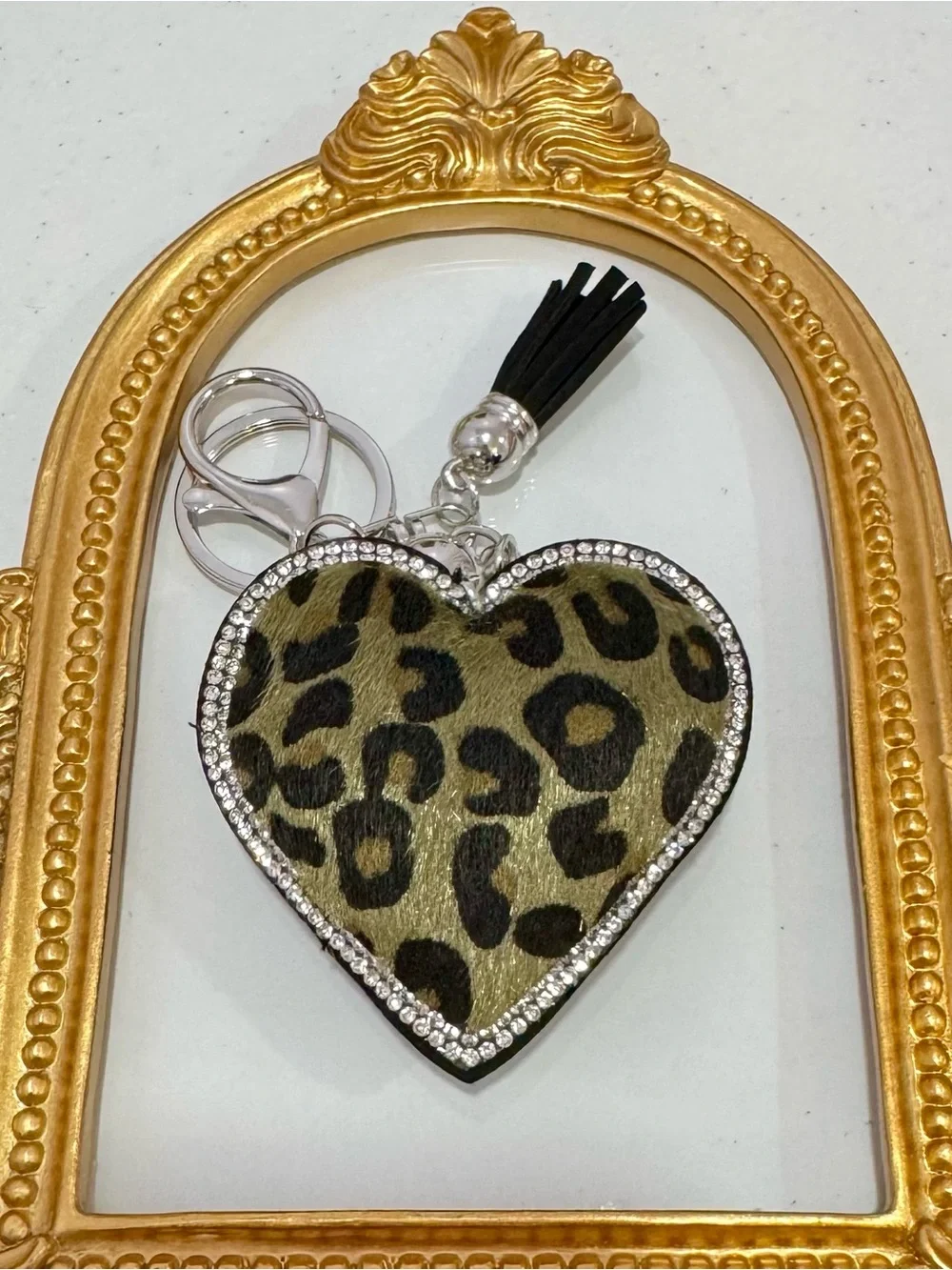 New Olive Green Leopard Heart with Tassel Keychain